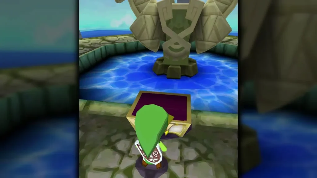 Link beside the open Ocean Temple chest in front of the statue pool Link beside the open Ocean Temple chest in front of the statue pool