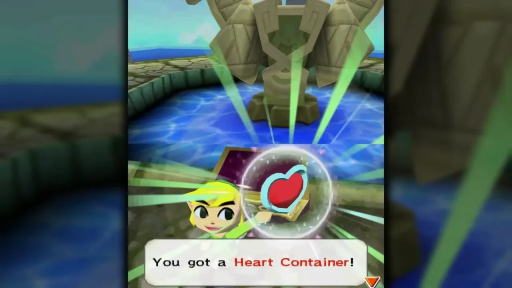 Link holding up a Heart Container beside the Ocean Temple statue pool Link holding up a Heart Container beside the Ocean Temple statue pool