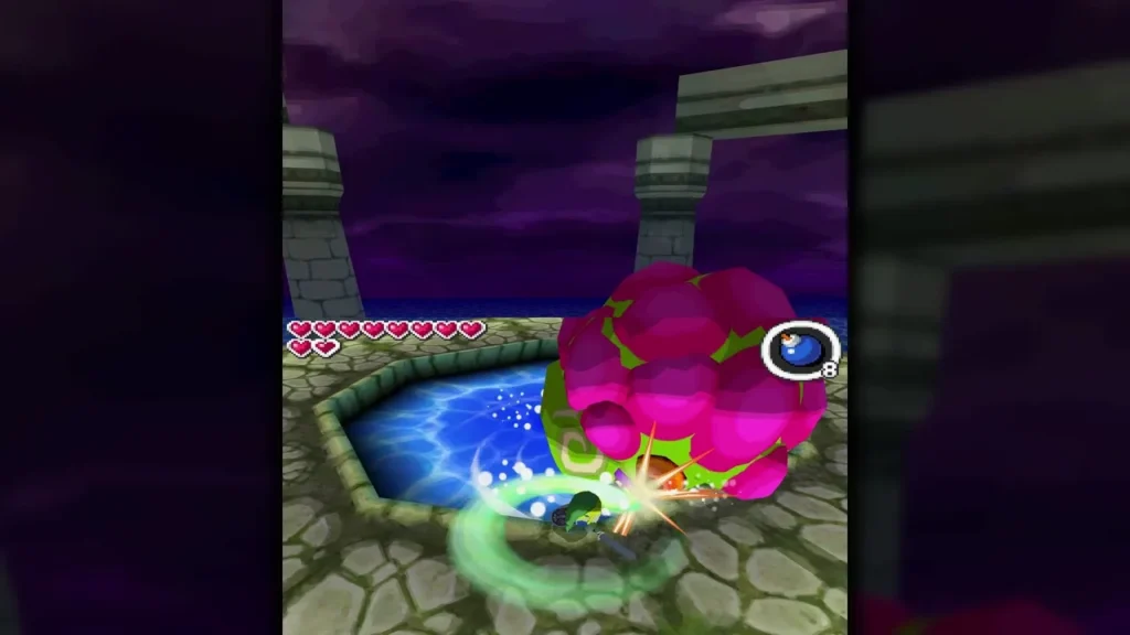 Link slashing the pink Phytops with a sword in the Ocean Temple pool Link slashing the pink Phytops with a sword in the Ocean Temple pool