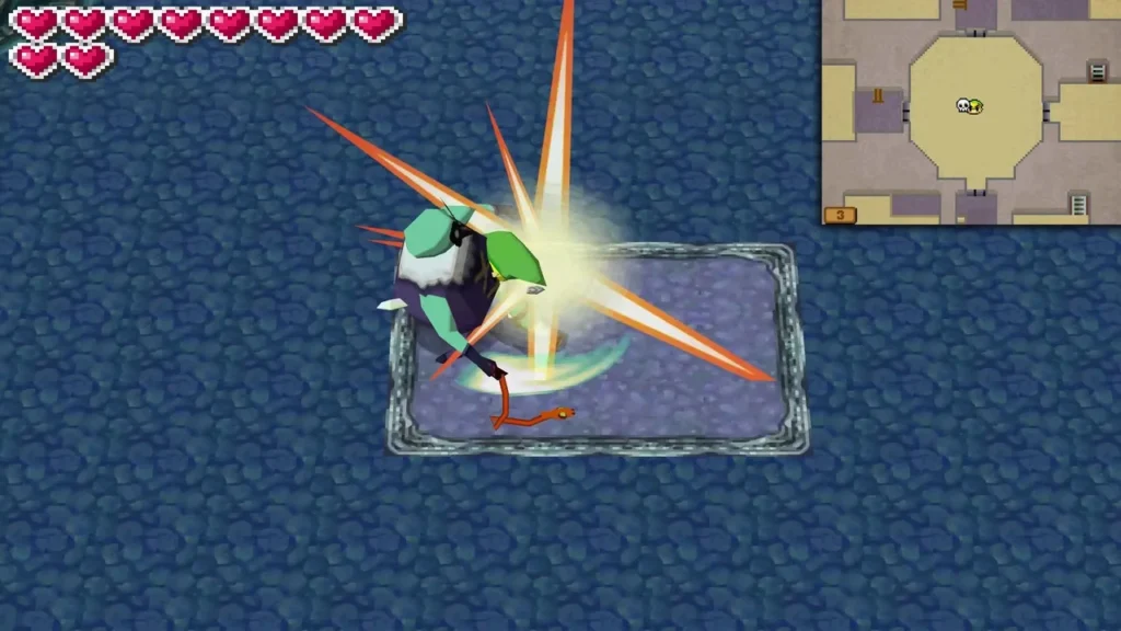 Link slashing a Snapper in the Ocean Temple as orange whip strikes fly Link slashing a Snapper in the Ocean Temple as orange whip strikes fly