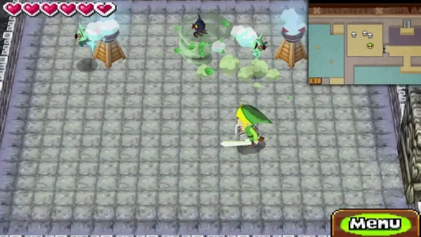 Ice Keese hover beside the ice torches in a tiled Snow Temple basement room as Link stands with his sword out Ice Keese hover beside the ice torches in a tiled Snow Temple basement room as Link stands with his sword out