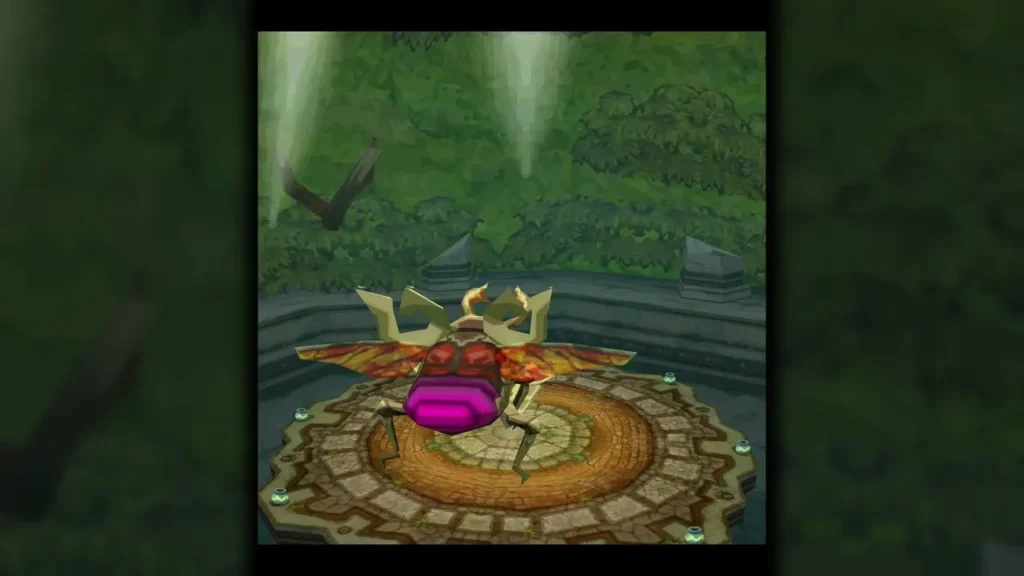 Stagnox with its wings spread on the round platform in the Forest Temple arena Stagnox with its wings spread on the round platform in the Forest Temple arena
