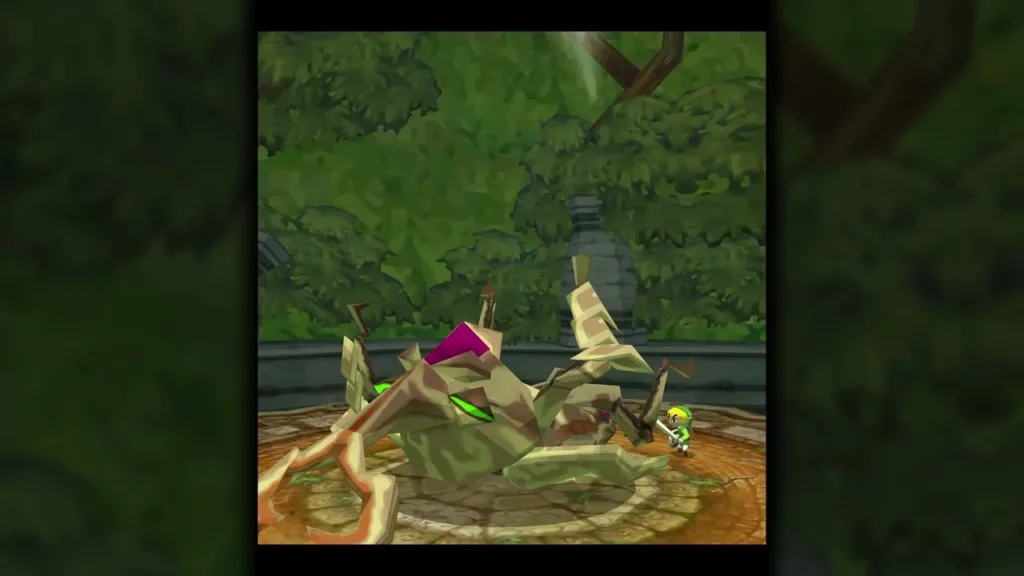 Stagnox flipped onto its back in the Forest Temple arena as Link waits to strike Stagnox flipped onto its back in the Forest Temple arena as Link waits to strike