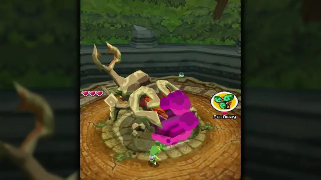Link readies the Whirlwind against the purple fog on Stagnox's back in the Forest Temple arena Link readies the Whirlwind against the purple fog on Stagnox's back in the Forest Temple arena