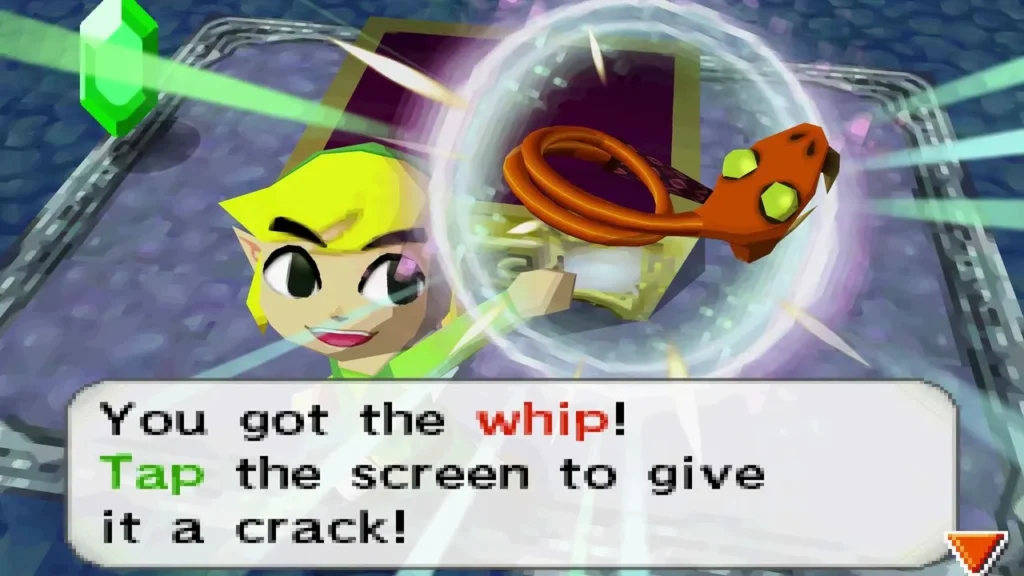 Link holding up the Whip with the item message in the Ocean Temple Link holding up the Whip with the item message in the Ocean Temple