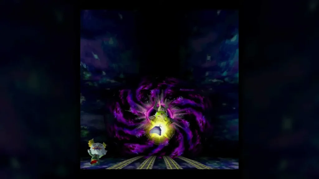 Zelda in a glowing yellow orb before a swirling purple vortex as Cole watches from the left Zelda in a glowing yellow orb before a swirling purple vortex as Cole watches from the left
