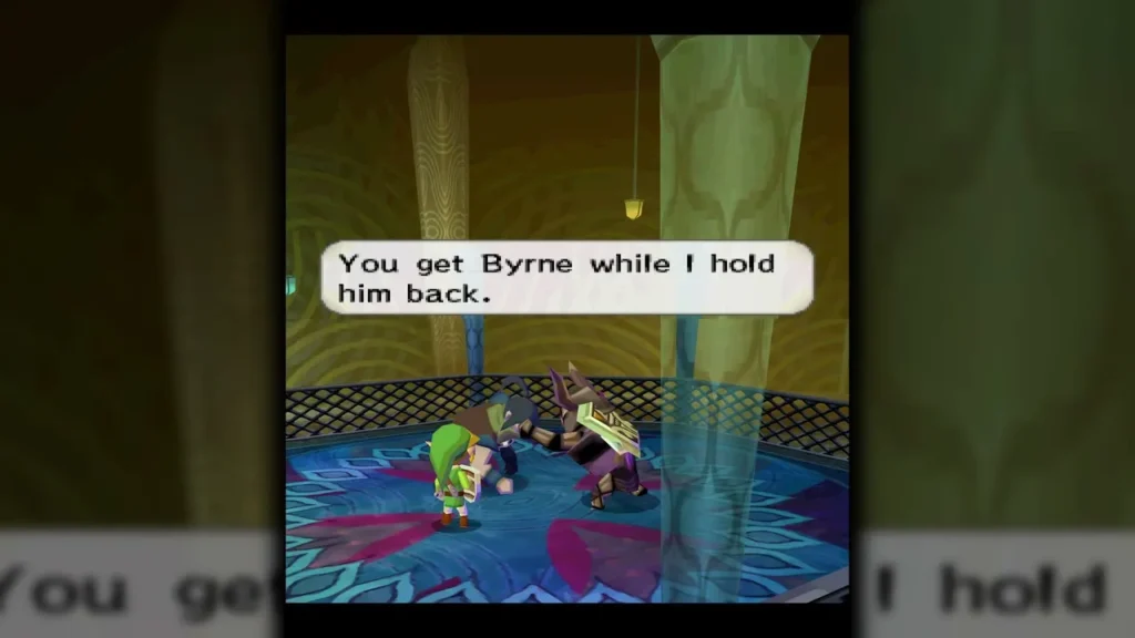 Zelda holds Byrne down in the roof arena as her line reads You get Byrne while I hold him back Zelda holds Byrne down in the roof arena as her line reads You get Byrne while I hold him back
