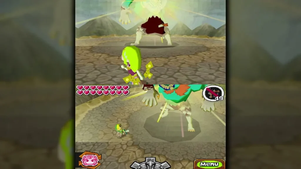 Zelda glowing with the Bow of Light as Malladus stands in the second round of the Demon Tower battle Zelda glowing with the Bow of Light as Malladus stands in the second round of the Demon Tower battle