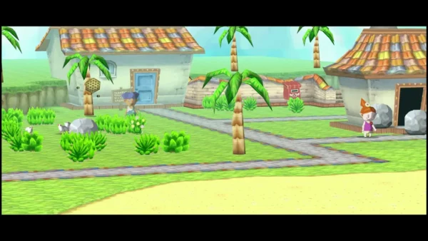Aboda Village in a wide shot, with cobbled paths, palm trees and houses, and a villager by a doorway Aboda Village in a wide shot, with cobbled paths, palm trees and houses, and a villager by a doorway