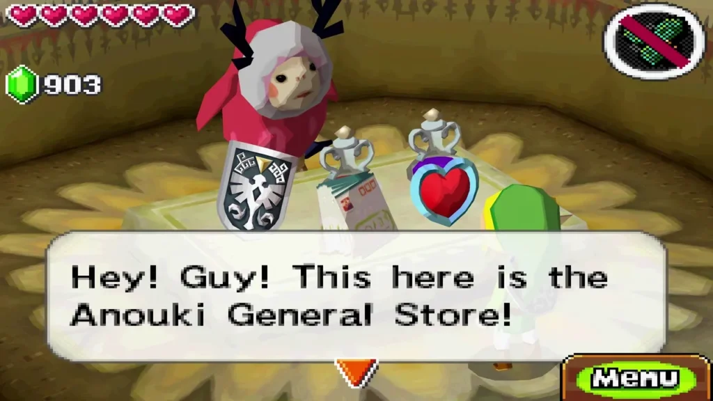 Akin in a pink hood at the Anouki General Store, with a shield and potions on the counter Akin in a pink hood at the Anouki General Store, with a shield and potions on the counter