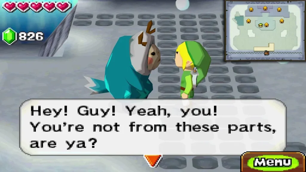A teal Anouki with black antlers calling out 'Hey! Guy!' to Link in the snow village A teal Anouki with black antlers calling out 'Hey! Guy!' to Link in the snow village