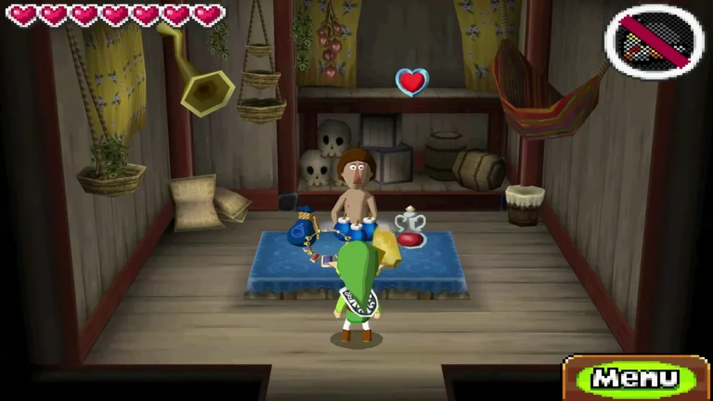 Link inside Beedle's Air Shop, with the shopkeeper behind his blue rug of goods Link inside Beedle's Air Shop, with the shopkeeper behind his blue rug of goods