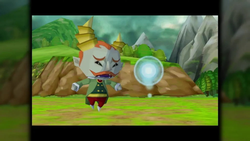 Byrne, the horned figure, in a grassy field beside a glowing orb of light Byrne, the horned figure, in a grassy field beside a glowing orb of light