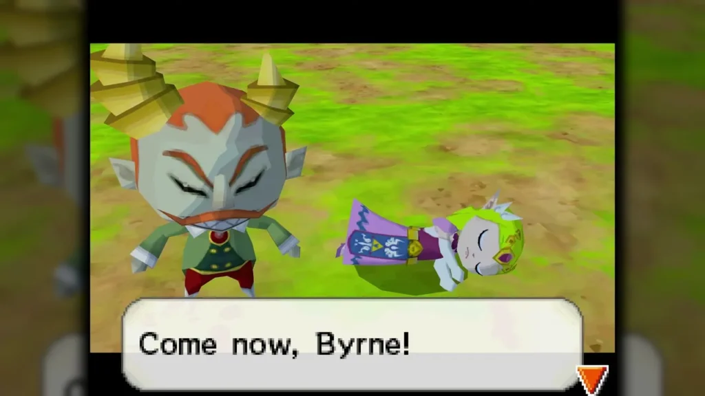 Byrne, a horned figure, stands over the unconscious Zelda on a grassy field Byrne, a horned figure, stands over the unconscious Zelda on a grassy field