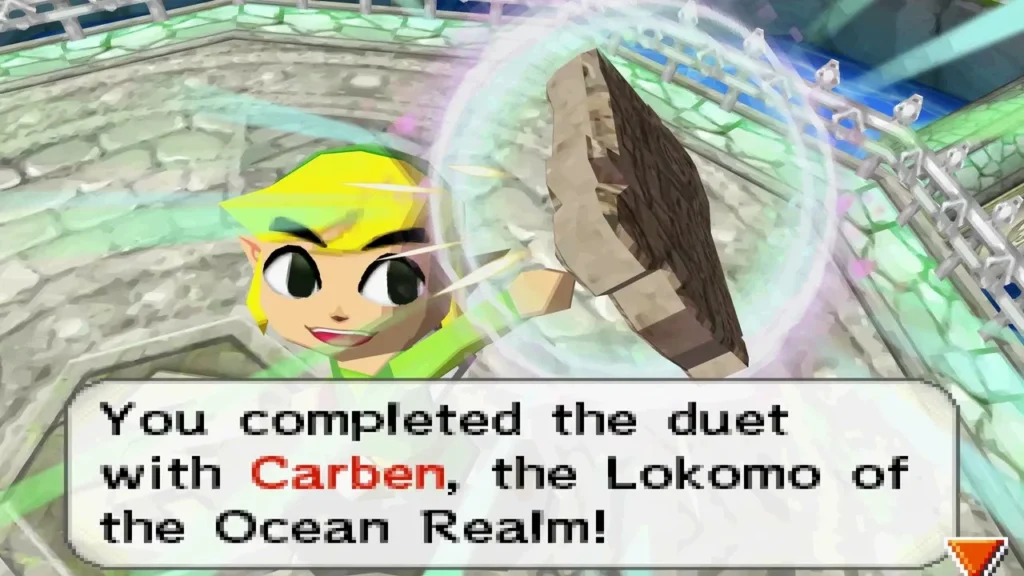 Link completing the duet with Carben, the Lokomo of the Ocean Realm, as the game confirms it Link completing the duet with Carben, the Lokomo of the Ocean Realm, as the game confirms it