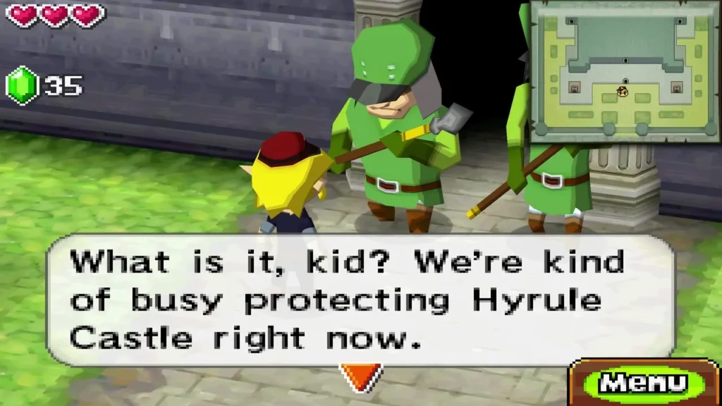 A castle guard in green uniform stops Link at the gate of Hyrule Castle A castle guard in green uniform stops Link at the gate of Hyrule Castle