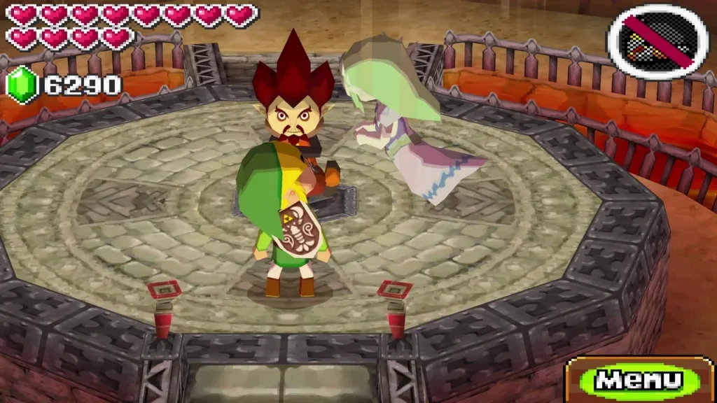 Embrose and Link facing each other on the round stone arena of the Fire Sanctuary Embrose and Link facing each other on the round stone arena of the Fire Sanctuary