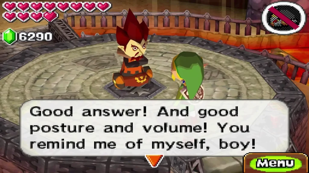 Embrose telling Link he has good posture and volume in the Fire Sanctuary arena Embrose telling Link he has good posture and volume in the Fire Sanctuary arena