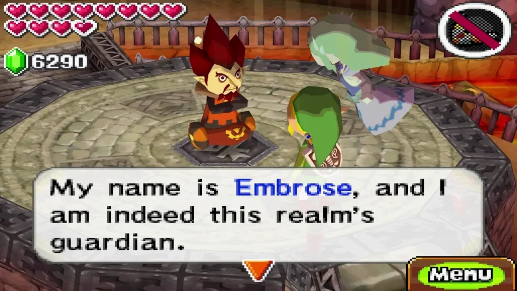 Embrose, the Lokomo guardian of the Fire Realm, in his arena introducing himself to Link Embrose, the Lokomo guardian of the Fire Realm, in his arena introducing himself to Link