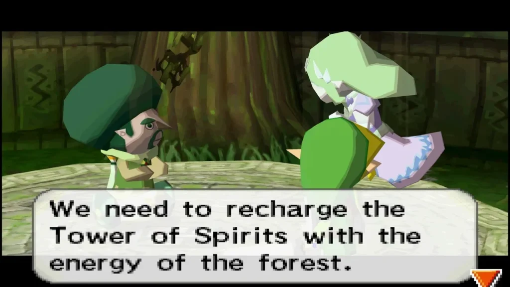 Gage talking with a pale green companion about recharging the Tower of Spirits Gage talking with a pale green companion about recharging the Tower of Spirits