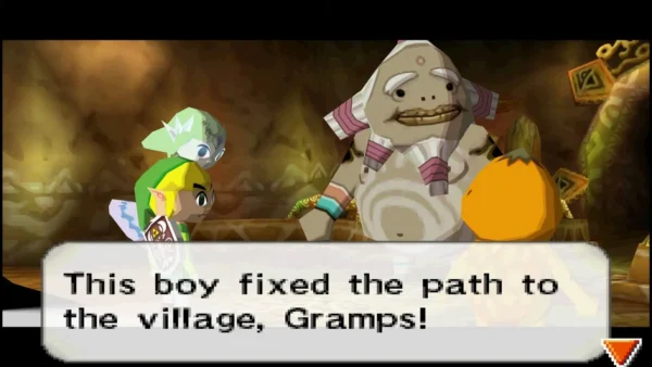 A Goron child telling the Goron Elder that Link fixed the path to the village A Goron child telling the Goron Elder that Link fixed the path to the village