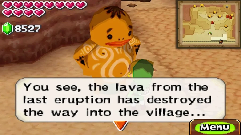 The Goron elder explaining that lava from the eruption destroyed the way into the village The Goron elder explaining that lava from the eruption destroyed the way into the village