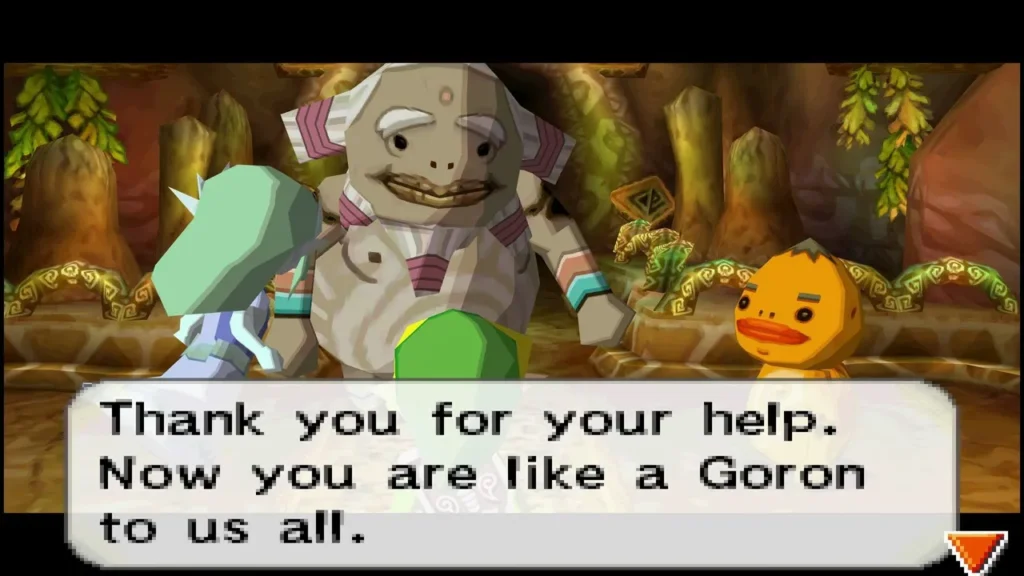 The Goron Elder thanking Link for his help, with a message box saying he is now like a Goron to them all The Goron Elder thanking Link for his help, with a message box saying he is now like a Goron to them all