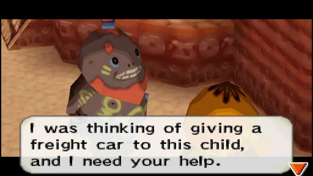 A Goron in a red collar offering Link a freight car in Goron Village A Goron in a red collar offering Link a freight car in Goron Village