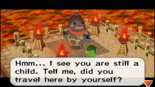 Link at the Gorons' sacred shrine, ringed by torches above the lava, as a Goron asks if he came alone Link at the Gorons' sacred shrine, ringed by torches above the lava, as a Goron asks if he came alone