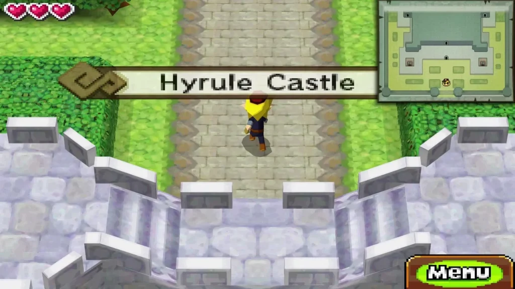 Link walking toward Hyrule Castle beneath its name banner Link walking toward Hyrule Castle beneath its name banner
