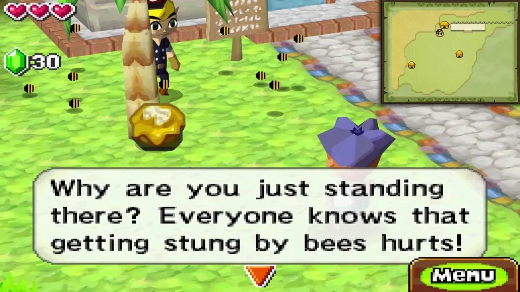 Joe urging Link to stand near a beehive while bees swarm around it Joe urging Link to stand near a beehive while bees swarm around it