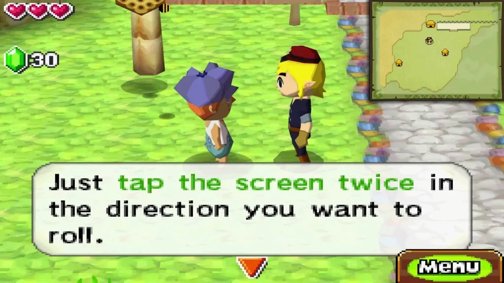 Joe in a purple cap teaching Link to roll by tapping the screen twice Joe in a purple cap teaching Link to roll by tapping the screen twice