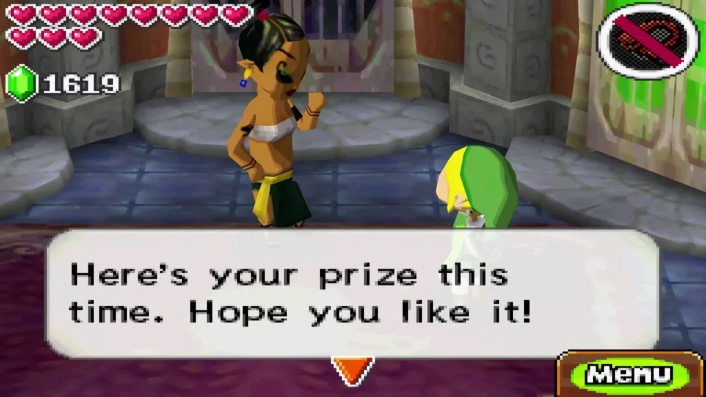 The Take 'Em All On! attendant telling Link that here is his prize this time. The Take 'Em All On! attendant telling Link that here is his prize this time.