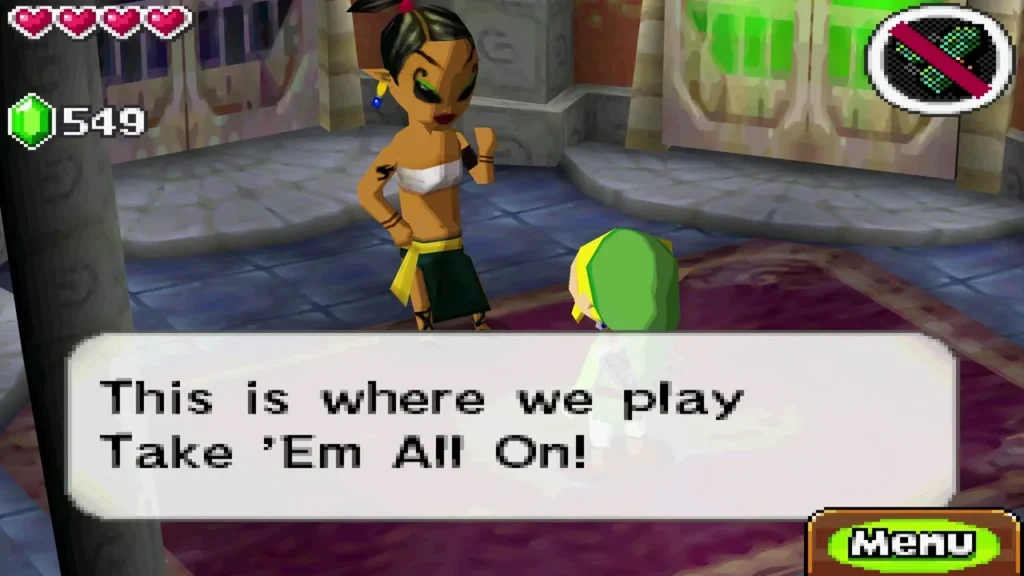 The Take 'Em All On! attendant saying this is where the mini-game is played. The Take 'Em All On! attendant saying this is where the mini-game is played.