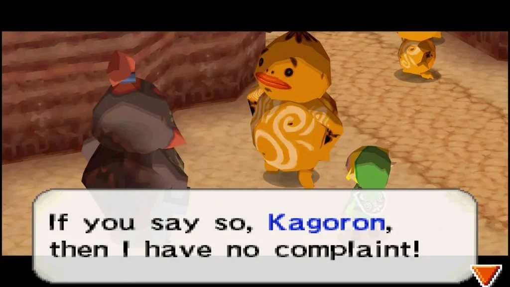 Kagoron, an orange-patterned Goron, standing with Link in Goron Village Kagoron, an orange-patterned Goron, standing with Link in Goron Village