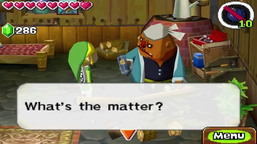Kenzo the bridge worker in his cluttered workshop, speaking to Link Kenzo the bridge worker in his cluttered workshop, speaking to Link