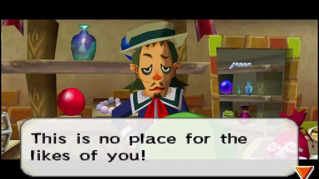Linebeck III in a green sailor hat speaking to Link inside the Trading Post shop Linebeck III in a green sailor hat speaking to Link inside the Trading Post shop