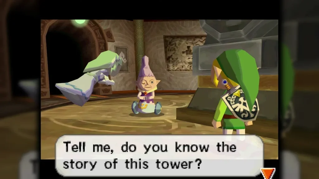 Link asks the purple-haired Anjean about the story of the Tower of Spirits Link asks the purple-haired Anjean about the story of the Tower of Spirits