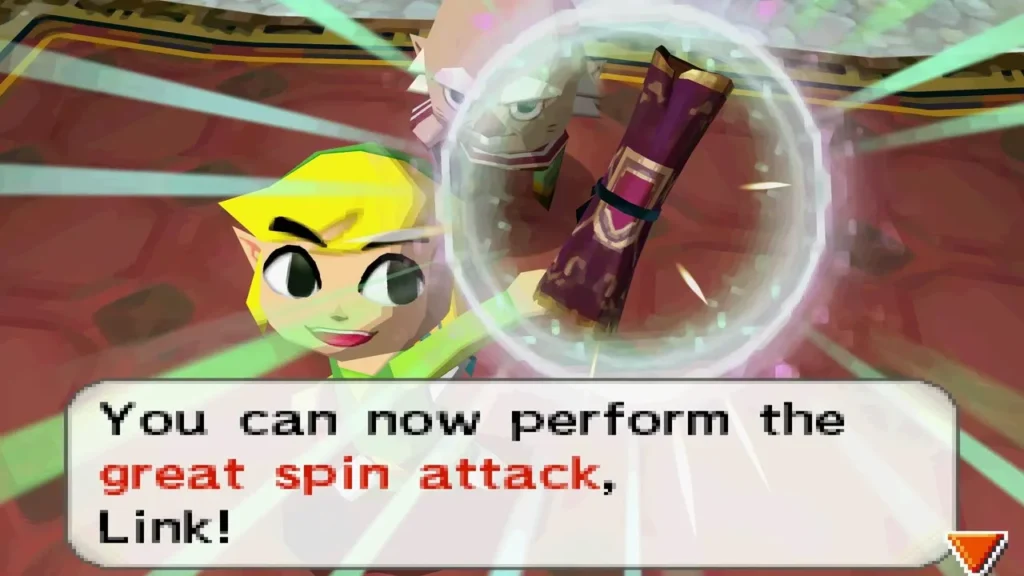 Link holding up the Great Spin scroll, with a message box saying he can now perform the great spin attack Link holding up the Great Spin scroll, with a message box saying he can now perform the great spin attack