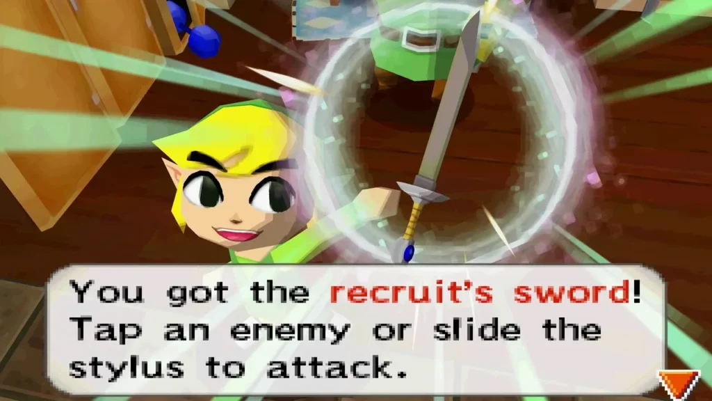 Link holding up the Recruit's Sword he has just received in the castle barracks Link holding up the Recruit's Sword he has just received in the castle barracks