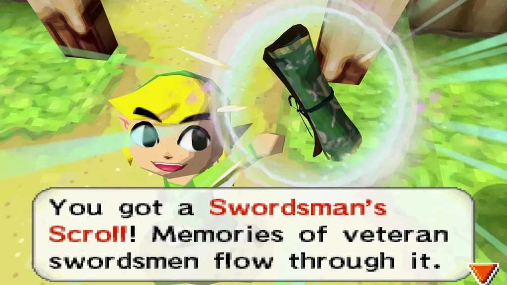 Link holding up the Swordsman's Scroll he received at Rabbitland Rescue Link holding up the Swordsman's Scroll he received at Rabbitland Rescue