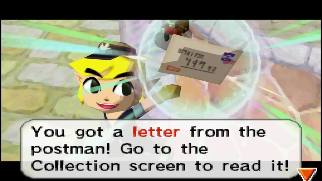 Link holding up a letter from the Postman as it arrives in Castle Town Link holding up a letter from the Postman as it arrives in Castle Town