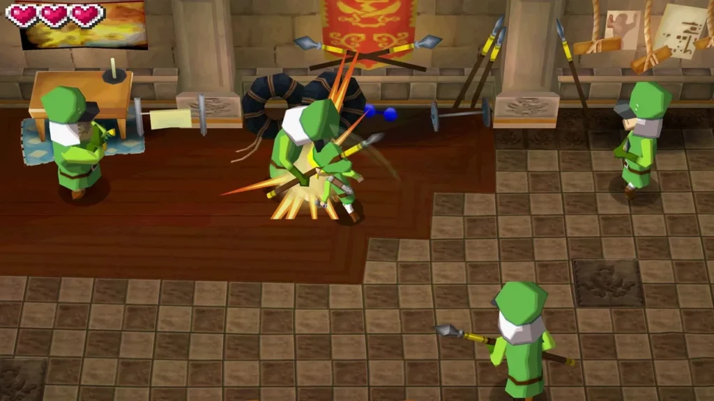 Link slashing at guards in a sword-training hall Link slashing at guards in a sword-training hall