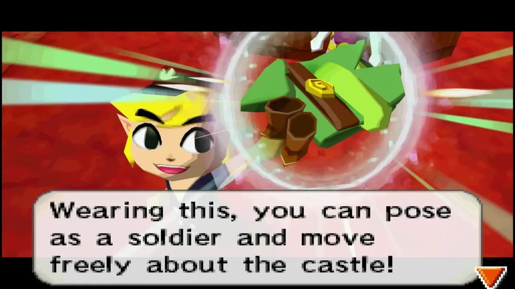 Link holding a recruit uniform as a box explains it lets him move about the castle Link holding a recruit uniform as a box explains it lets him move about the castle