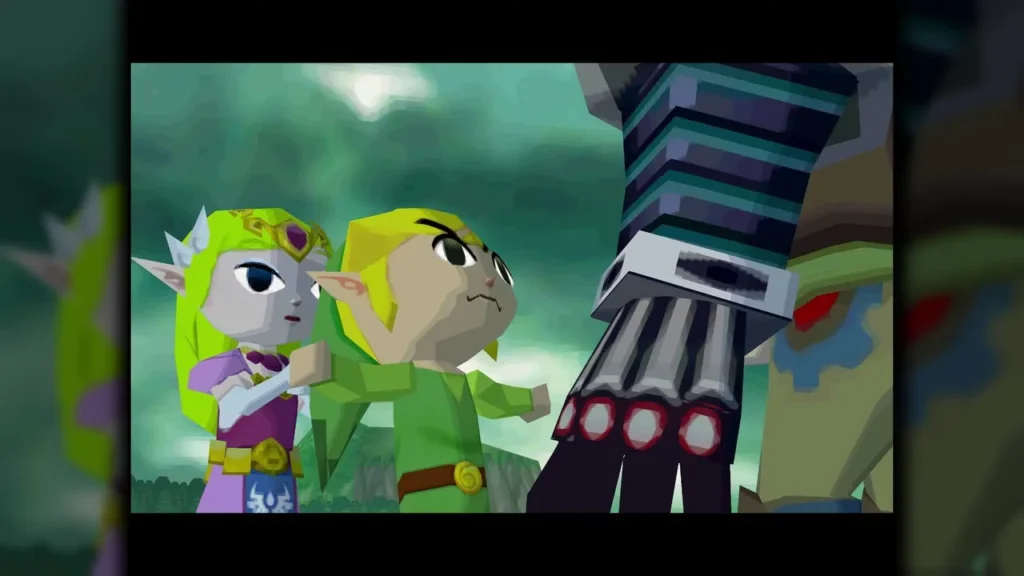Link and Zelda's spirit stand side by side beside a tall dark armored figure Link and Zelda's spirit stand side by side beside a tall dark armored figure