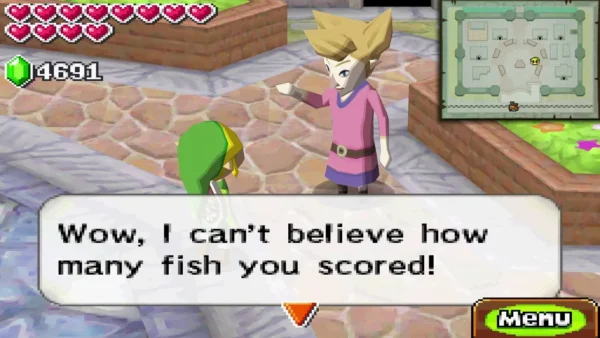 Lucia in a pink top in Castle Town, telling Link she cannot believe how many fish he scored Lucia in a pink top in Castle Town, telling Link she cannot believe how many fish he scored