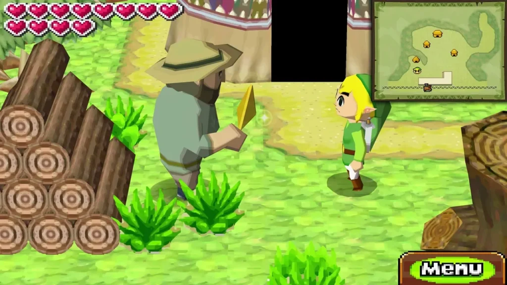 A lumberjack in a wide-brimmed hat holds a gold item out to Link beside stacked logs in Whittleton A lumberjack in a wide-brimmed hat holds a gold item out to Link beside stacked logs in Whittleton