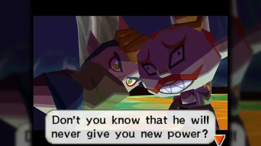 Malladus, a purple horned demon, speaking to a companion at night Malladus, a purple horned demon, speaking to a companion at night