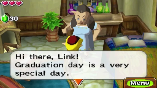 A woman in a blue apron greets Link in her Aboda Village house: graduation day is a very special day A woman in a blue apron greets Link in her Aboda Village house: graduation day is a very special day