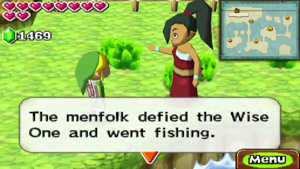 Nagi telling Link that the menfolk defied the Wise One and went fishing Nagi telling Link that the menfolk defied the Wise One and went fishing